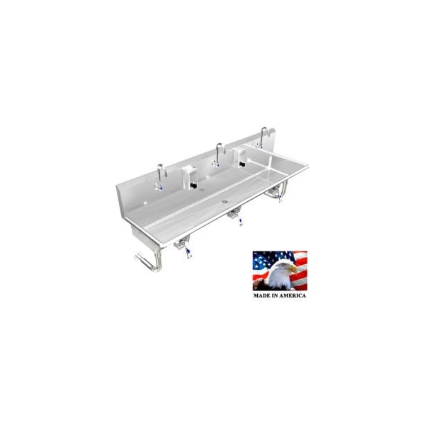 Best Sheet Metal. BSM Inc. Stainless Steel Sink, 3 Station w/Knee Valve Operated Faucets, Round Legs 60"L X 20"W X 8"D 032K60208R - main